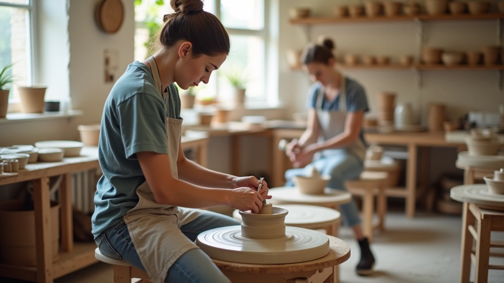 Pottery workshop studio with multiple wheels and students learning together