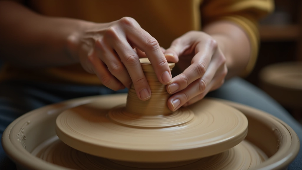 Hands shaping clay on a pottery wheel in motion