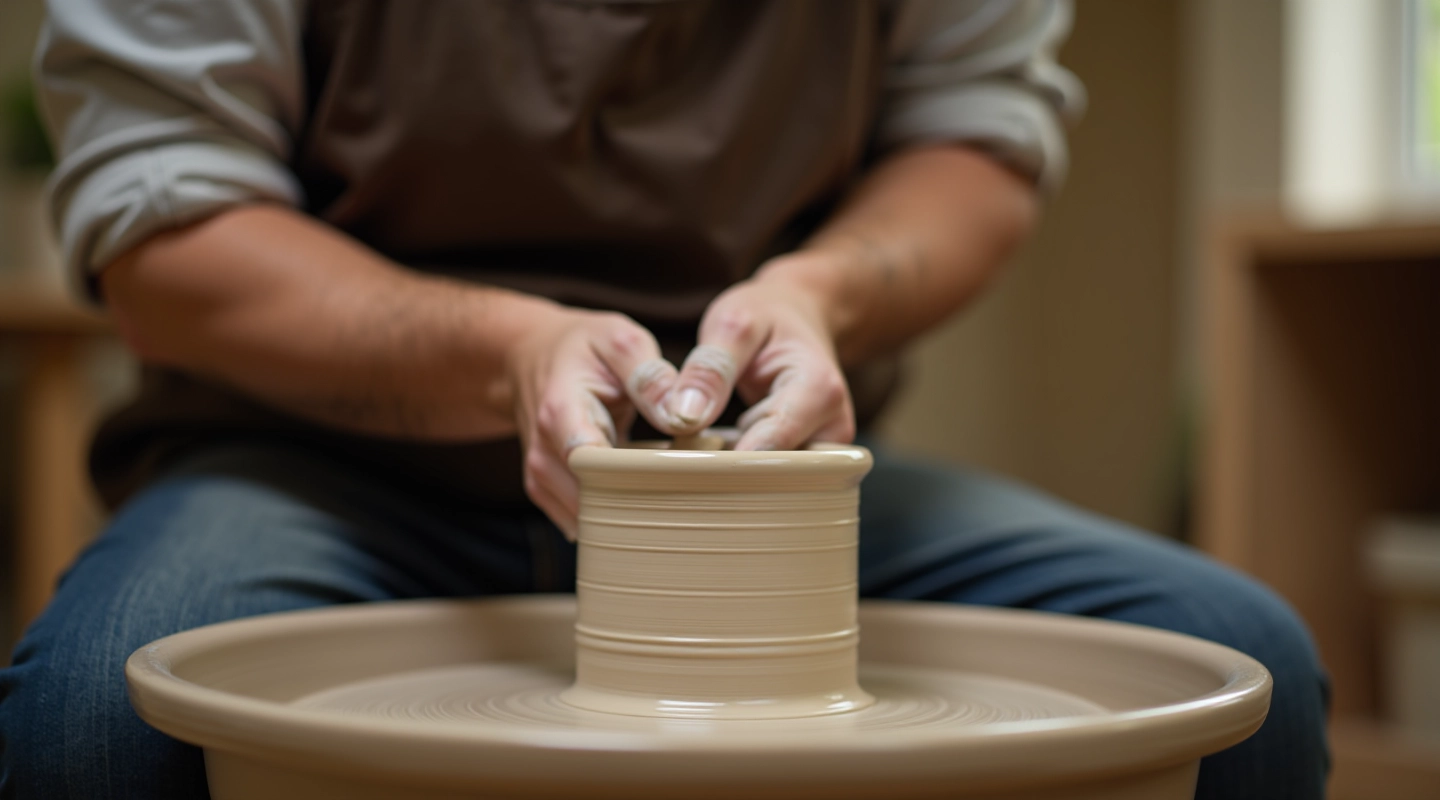 Potter's hands shaping clay on a spinning pottery wheel with wet clay