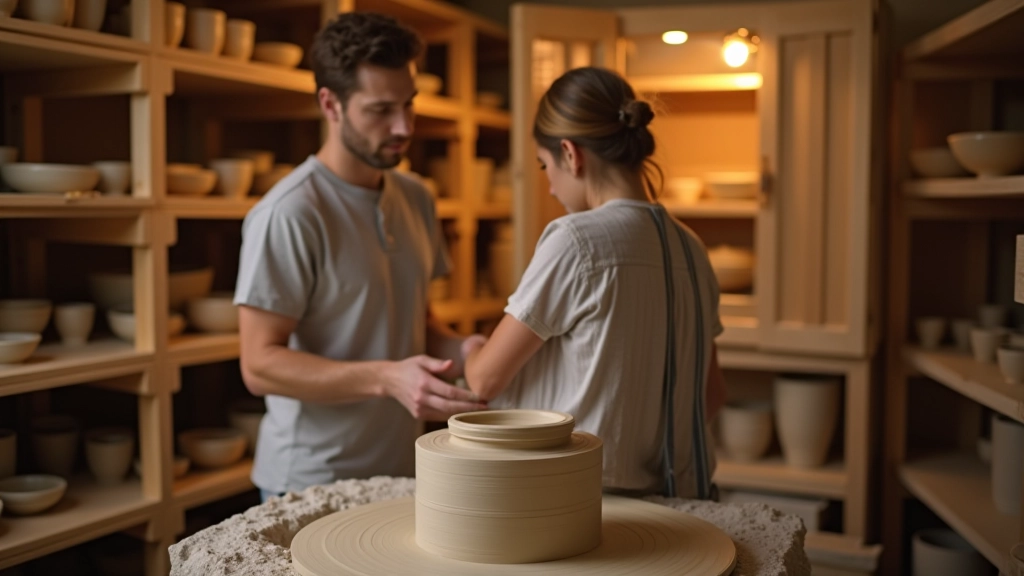Pottery kiln room with stacked ceramic pieces ready for firing and organized shelving in workshop space